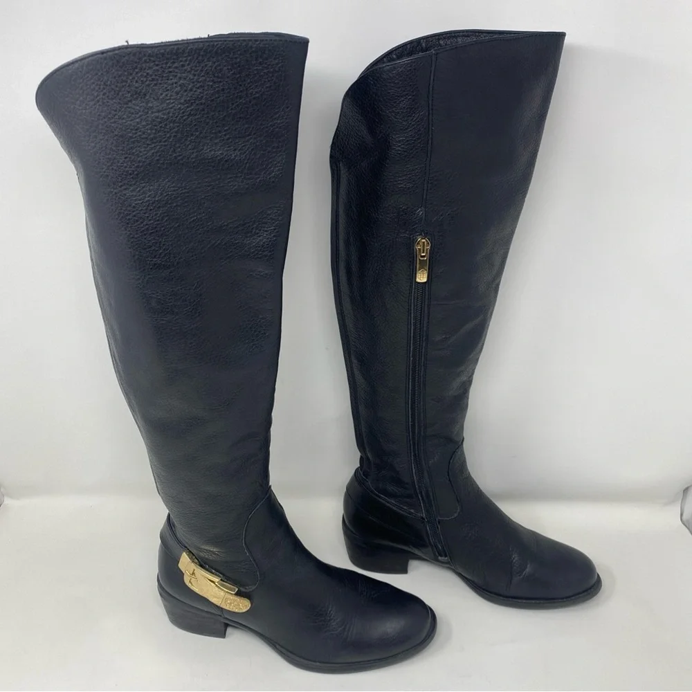 Vince Camuto  Women's 7M Knee-High Riding Boots Black Leather Gold Buckle Zipper